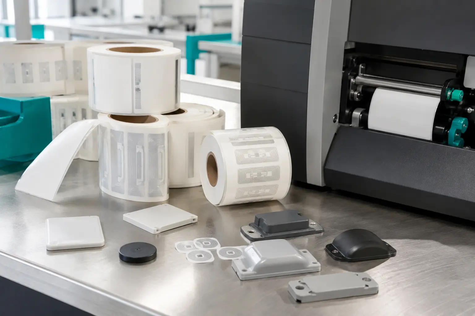 Rolls of RFID inlay labels and assorted enclosed tags beside a label printer